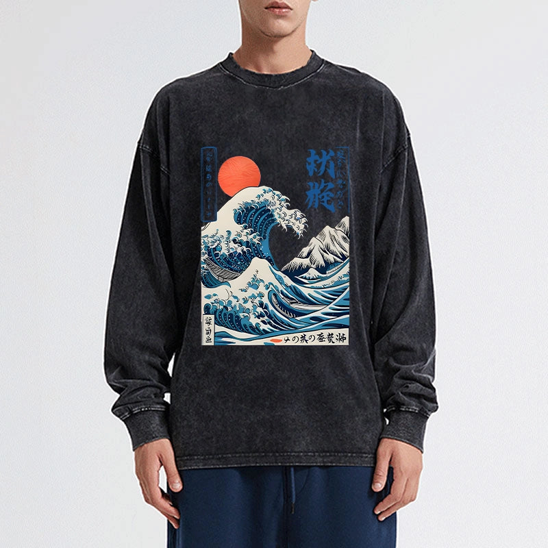 Tokyo-Tiger Ukiyo-e Ocean Waves Japan Washed Long Sleeve T-Shirt