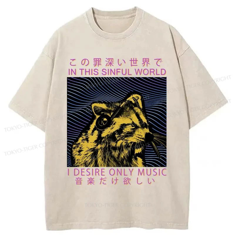 Tokyo-Tiger Raccoon Listening To Music Washed T-Shirt