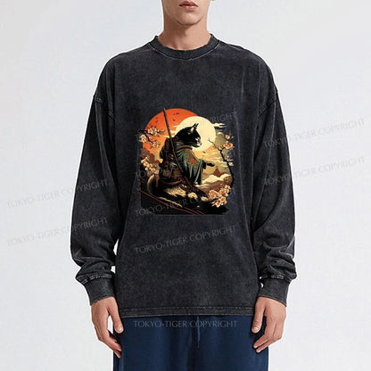 Tokyo-Tiger Cat Ninja Ukiyo-e Anime Style Samurai Washed Long Sleeve T-Shirt