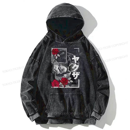 Tokyo-Tiger Skull Roses Japanese Aesthetic Washed Hoodie