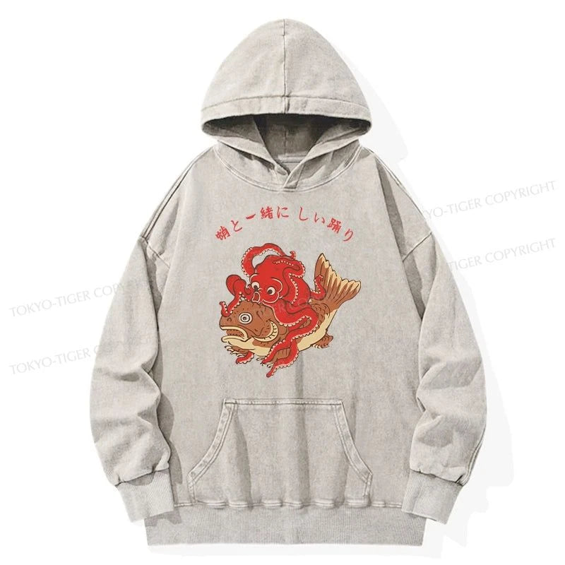 Tokyo-Tiger Octopus And Koi Dance Together Washed Hoodie