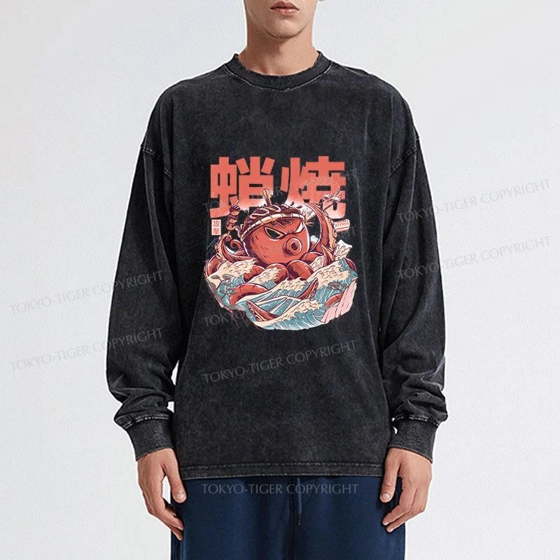 Tokyo-Tiger The Great Wave Takoyaki Japanese Washed Long Sleeve T-Shirt