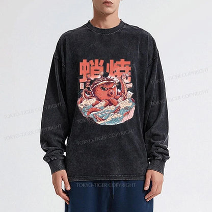 Tokyo-Tiger The Great Wave Takoyaki Japanese Washed Long Sleeve T-Shirt