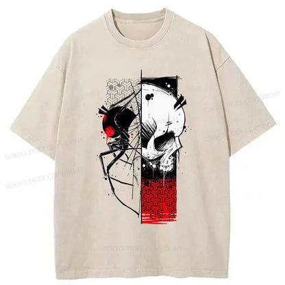 Tokyo-Tiger Scary Spider And Skeleton Washed T-Shirt