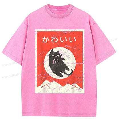 Tokyo-Tiger Cute Black Cat Japanese Washed T-Shirt