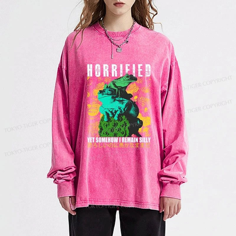 Tokyo-Tiger Horrified Two Frogs Funny Washed Long Sleeve T-Shirt