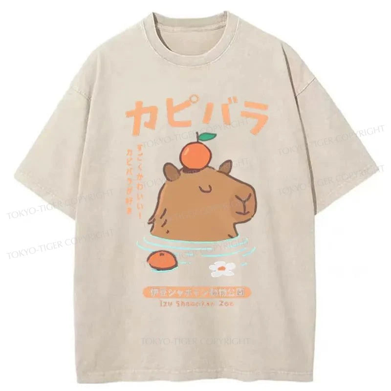 Tokyo-Tiger Capybara Soaking In Hot Springs Washed T-Shirt