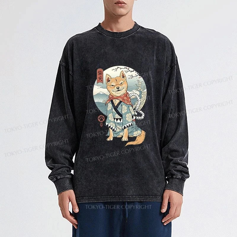 Tokyo-Tiger Samurai Shiba Dog Japanese Washed Long Sleeve T-Shirt