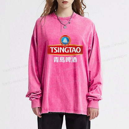 Tokyo-Tiger Qingdao Beer Logo Washed Long Sleeve T-Shirt