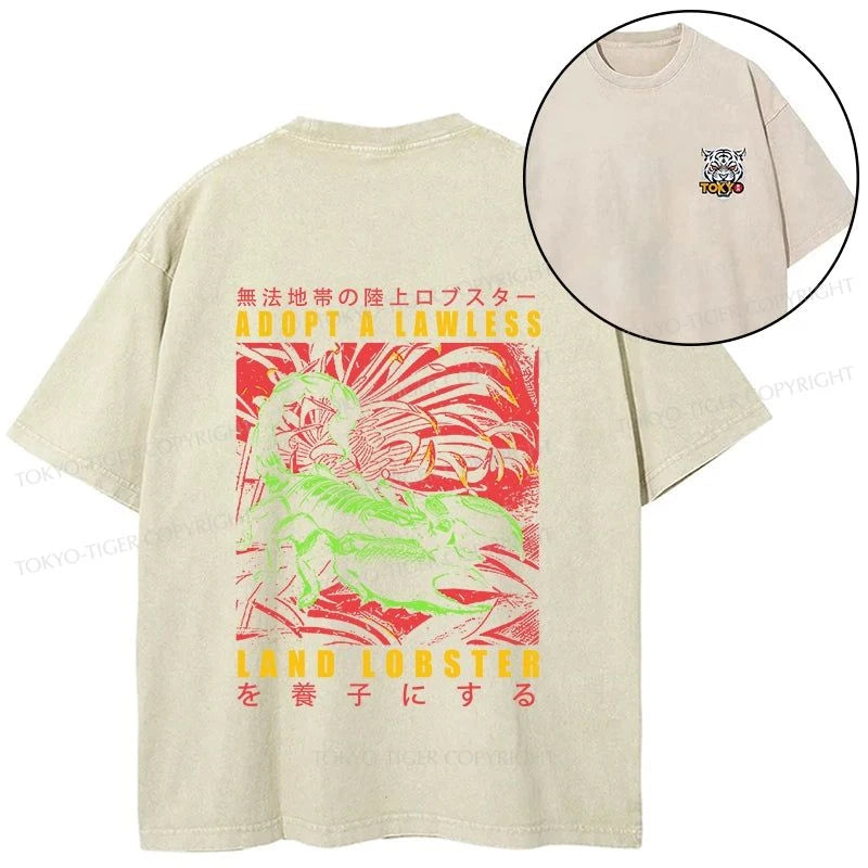 Tokyo-Tiger Adopting A Land Lobster Japanese Front Back Washed T-Shirt