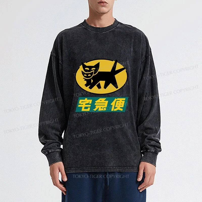 Tokyo-Tiger Black Cat Quick Transport Washed Long Sleeve T-Shirt