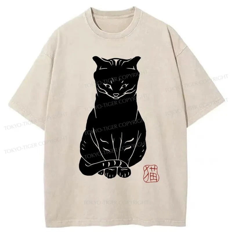 Tokyo-Tiger Black Cat Print Japanese Washed T-Shirt