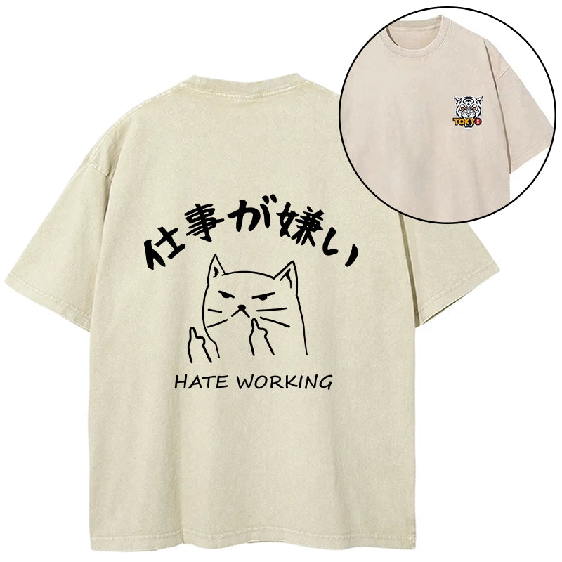 Tokyo-Tiger A Cat That Hates Work Front Back Washed T-Shirt