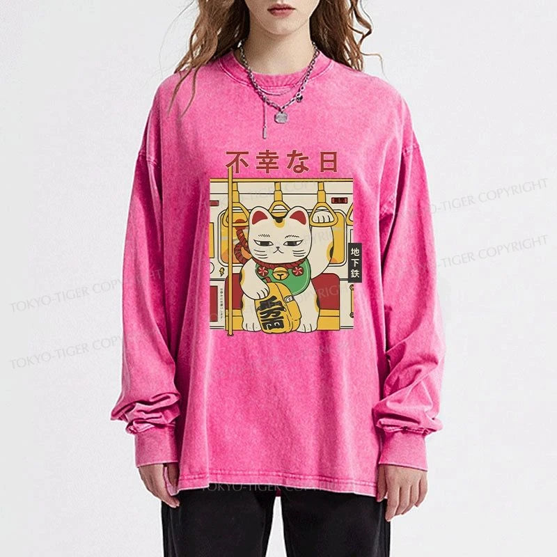 Tokyo-Tiger Lucky Cat Who Doesn't Want To Work Washed Long Sleeve T-Shirt