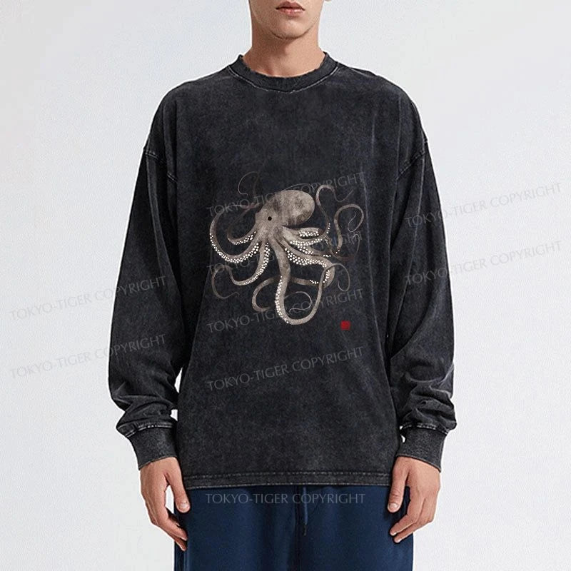 Tokyo-Tiger Octopus Japanese Calligraphy Washed Long Sleeve T-Shirt