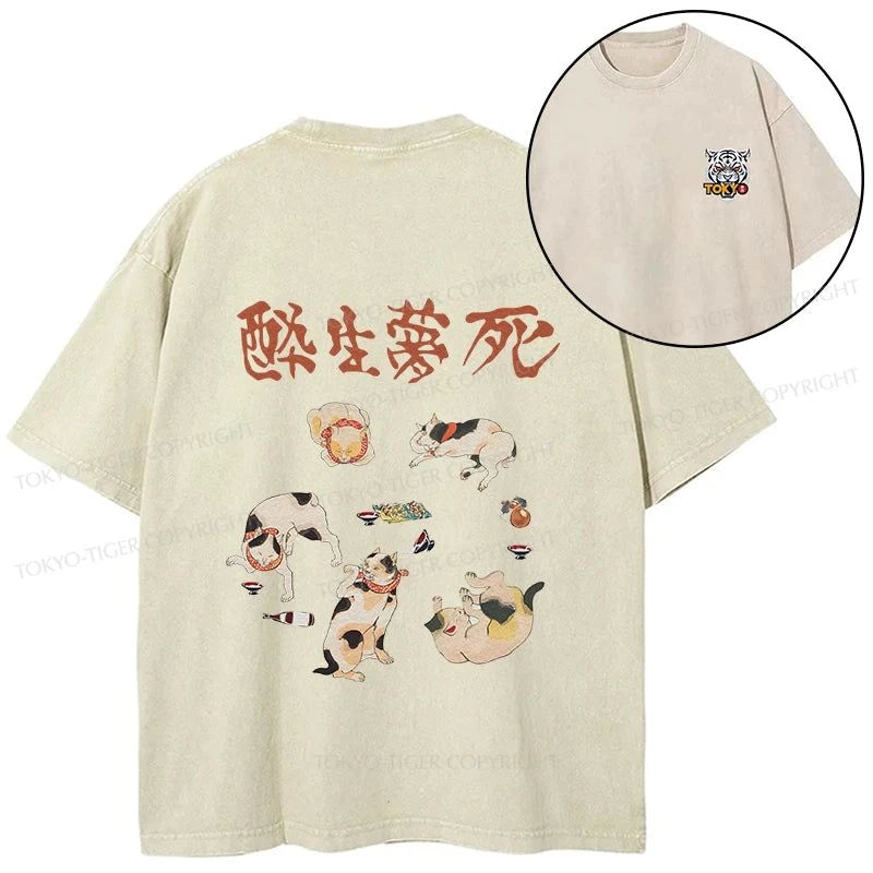 Tokyo-Tiger Drunken Cats Front Back Washed T-Shirt