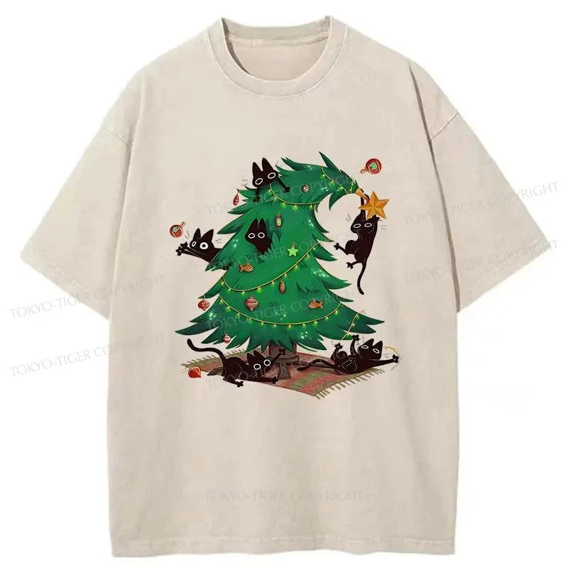 Tokyo-Tiger Cat Hiding In The Christmas Tree Washed T-Shirt