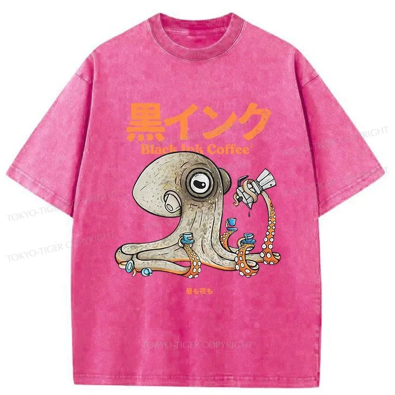 Tokyo-Tiger Octopus Drinks Black Coffee Washed T-Shirt