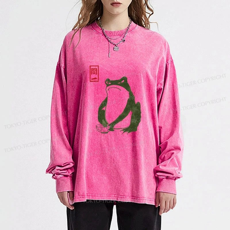 Tokyo-Tiger Woodblock Print Frog Washed Long Sleeve T-Shirt