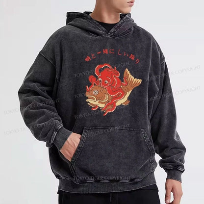 Tokyo-Tiger Octopus And Koi Dance Together Washed Hoodie