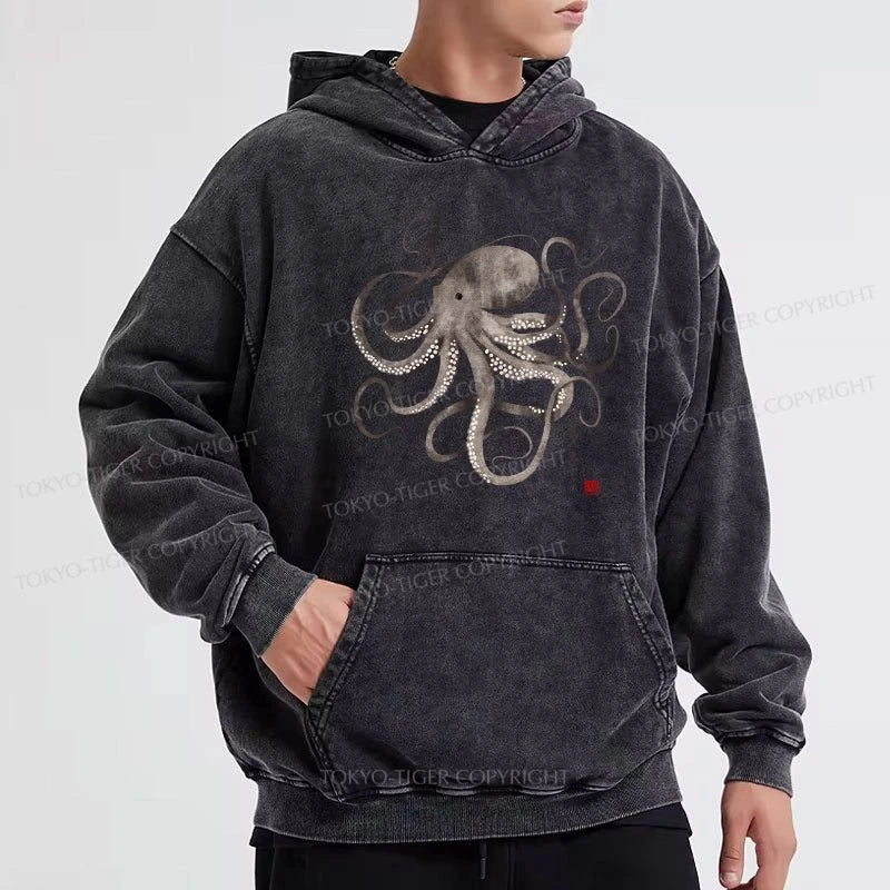 Tokyo-Tiger Octopus Japanese Calligraphy Washed Hoodie