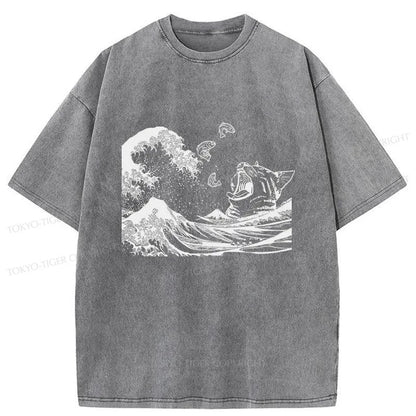 Tokyo-Tiger Wave And Cat Japanese Washed T-Shirt