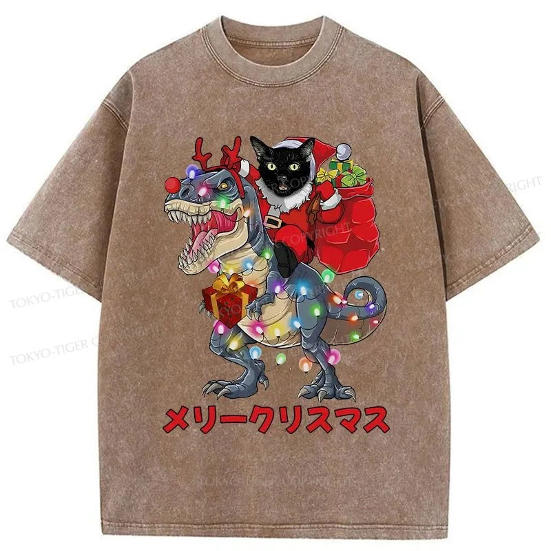 Tokyo-Tiger Cat Riding Dinosaur Christmas Washed T-Shirt