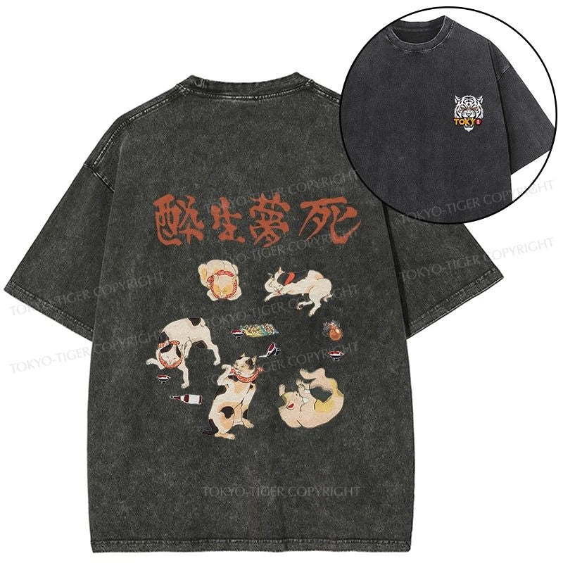 Tokyo-Tiger Drunken Cats Front Back Washed T-Shirt