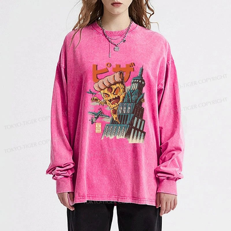 Tokyo-Tiger Great Pizza Kaiju Japanese Washed Long Sleeve T-Shirt