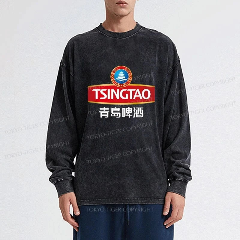 Tokyo-Tiger Qingdao Beer Logo Washed Long Sleeve T-Shirt