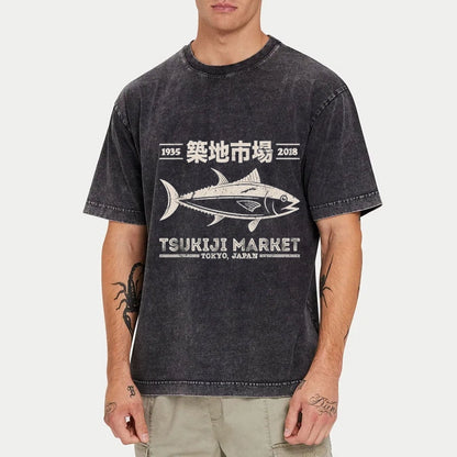 Tokyo-Tiger Retro Tsukiji Fish Market Streetwear Tokyo Washed T-Shirt