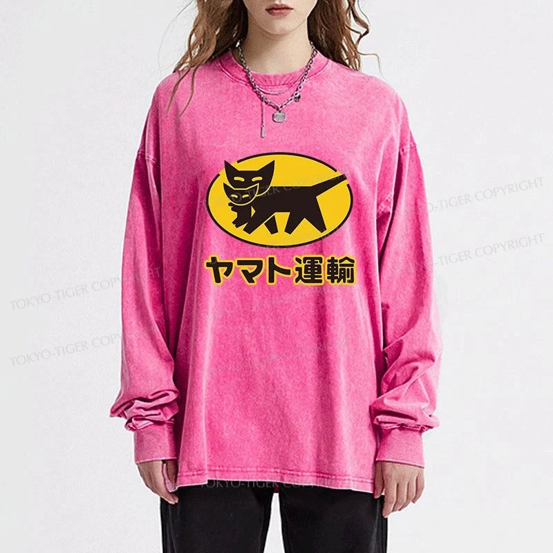 Tokyo-Tiger Black Cat Transport Pattern Japan Washed Long Sleeve T-Shirt