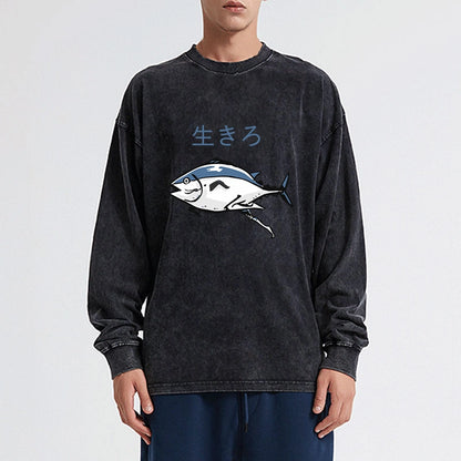 Tokyo-Tiger Running Fish Washed Long Sleeve T-Shirt