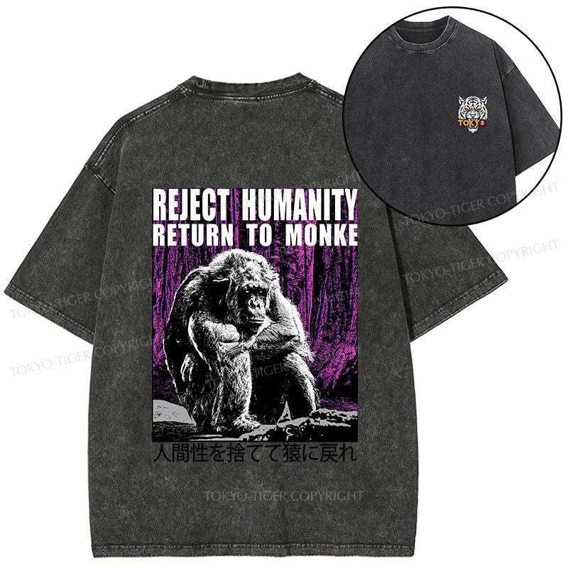 Tokyo-Tiger Reject Humanity Return To Monkey Japan Front Back Washed T-Shirt