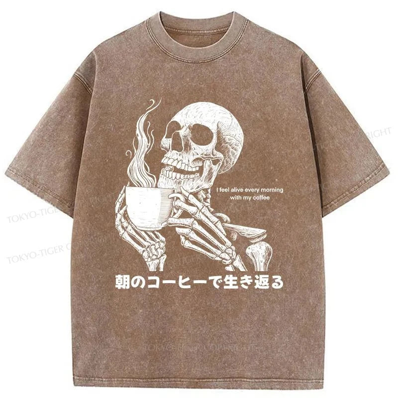 Tokyo-Tiger Skeleton Drinking Coffee Washed T-Shirt