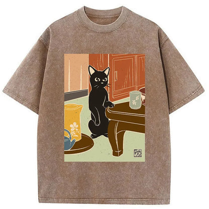 Tokyo-Tiger Black Cat and Tea Japanese Washed T-Shirt