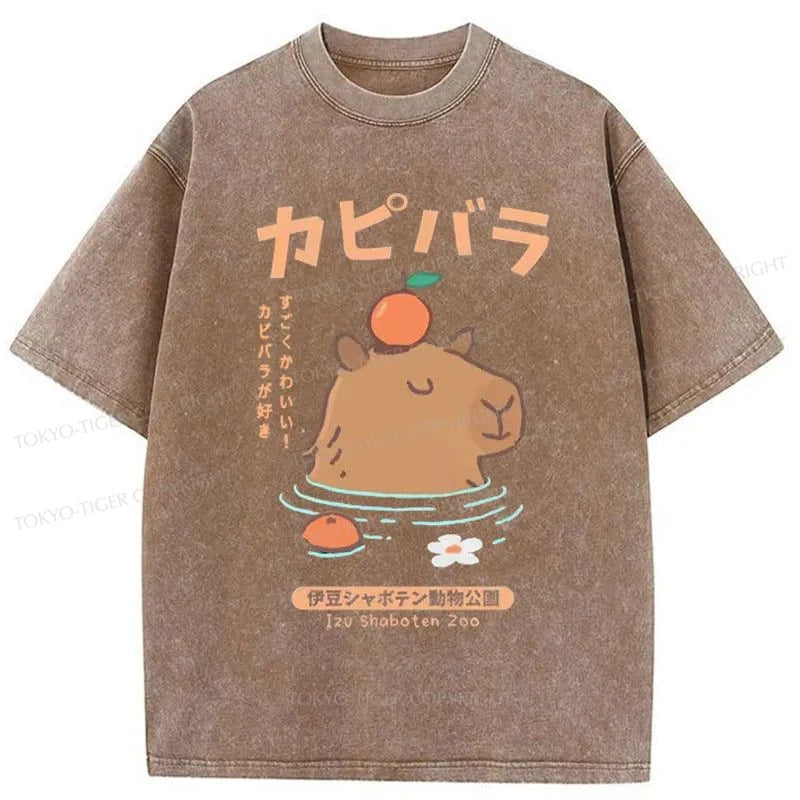 Tokyo-Tiger Capybara Soaking In Hot Springs Washed T-Shirt