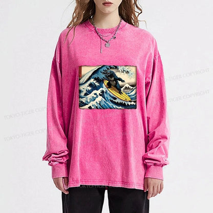 Tokyo-Tiger Dinosaur Surfing Japanese Washed Long Sleeve T-Shirt