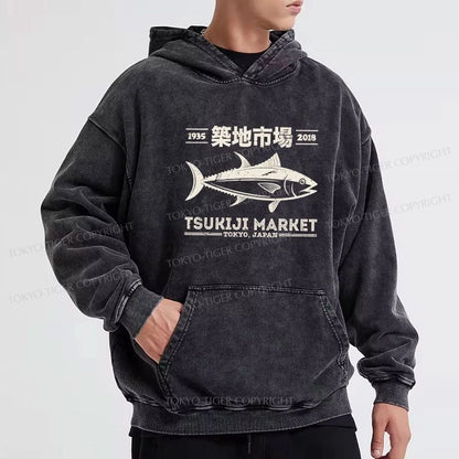 Tokyo-Tiger Retro Tsukiji Fish Market Streetwear Tokyo Washed Hoodie