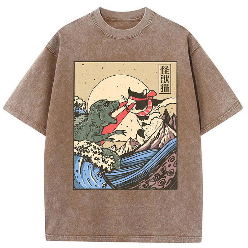 Tokyo-Tiger Japanese Great Wave Cat VS Monster Washed T-Shirt