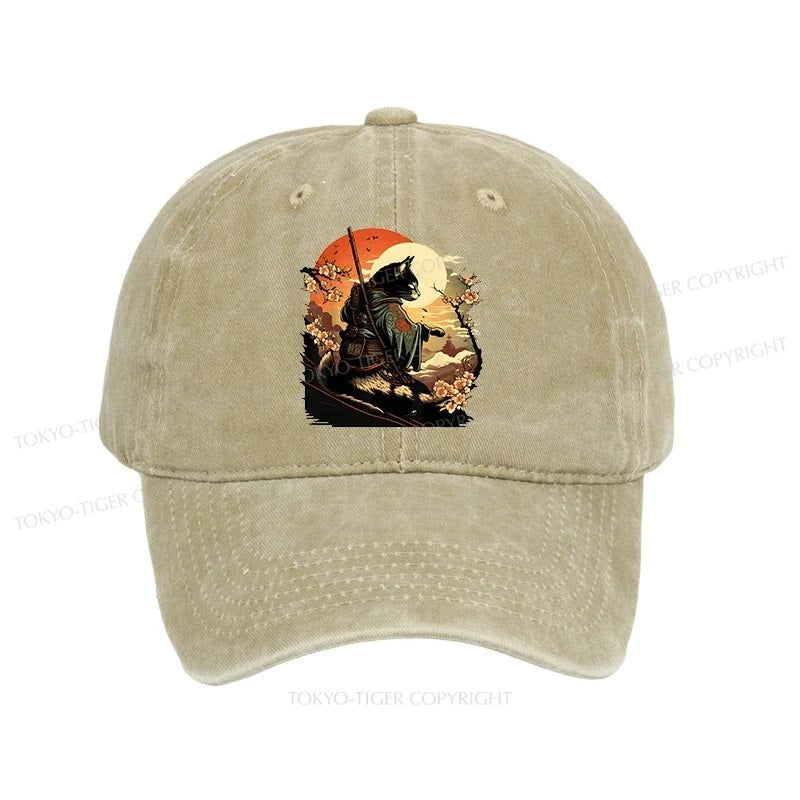 Tokyo-Tiger Cat Ninja Ukiyo-e Anime Style Samurai Washed Cap