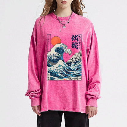 Tokyo-Tiger Ukiyo-e Ocean Waves Japan Washed Long Sleeve T-Shirt