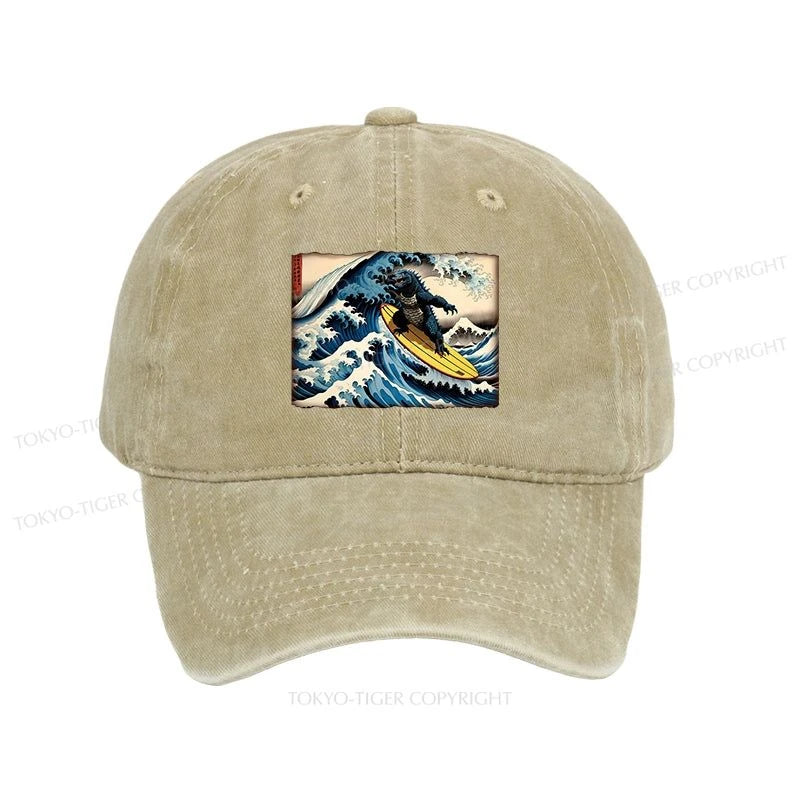 Tokyo-Tiger Dinosaur Surfing Japanese Washed Cap