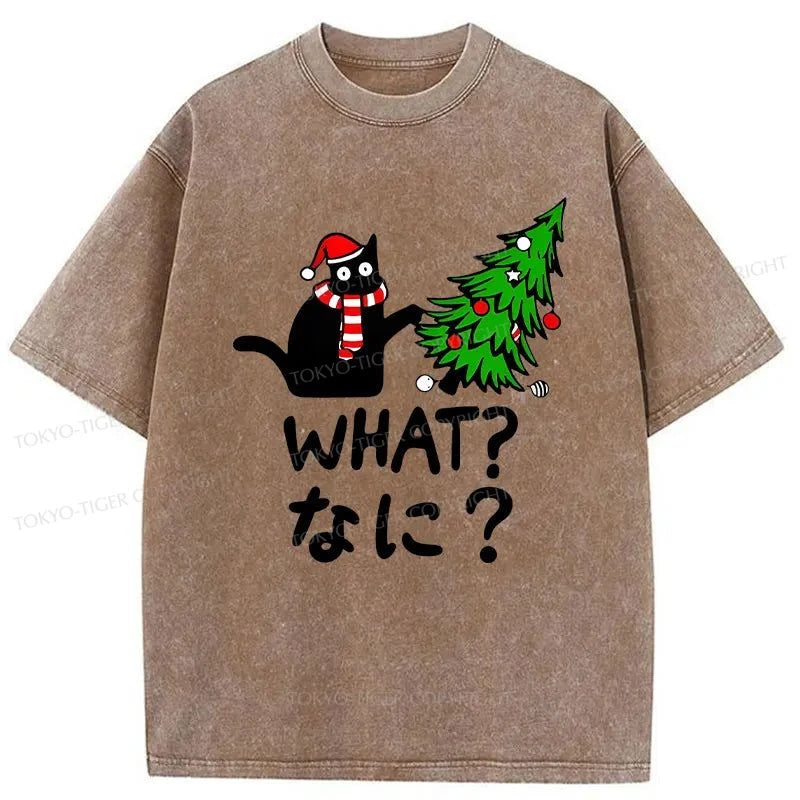 Tokyo-Tiger Naughty Cat Christmas Washed T-Shirt