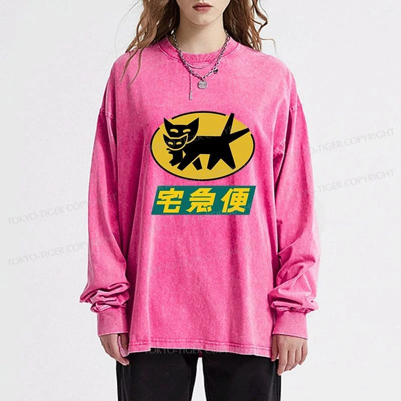 Tokyo-Tiger Black Cat Quick Transport Washed Long Sleeve T-Shirt