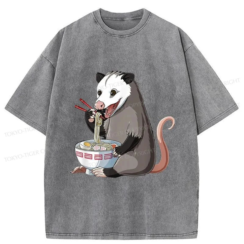 Tokyo-Tiger Possums Eat Ramen Noodles Washed T-Shirt