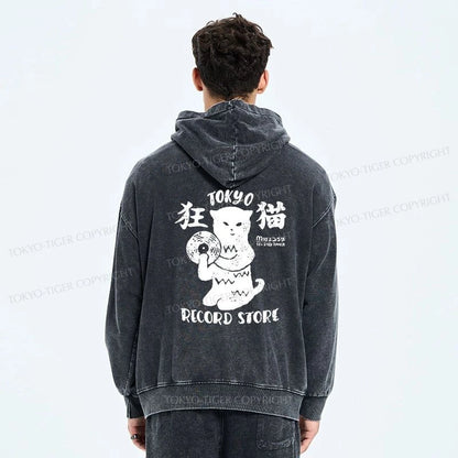 Tokyo-Tiger Tokyo Record Store Cat CD Washed Zip Hoodie