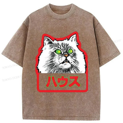 Tokyo-Tiger Residential White Cat Japanese Washed T-Shirt