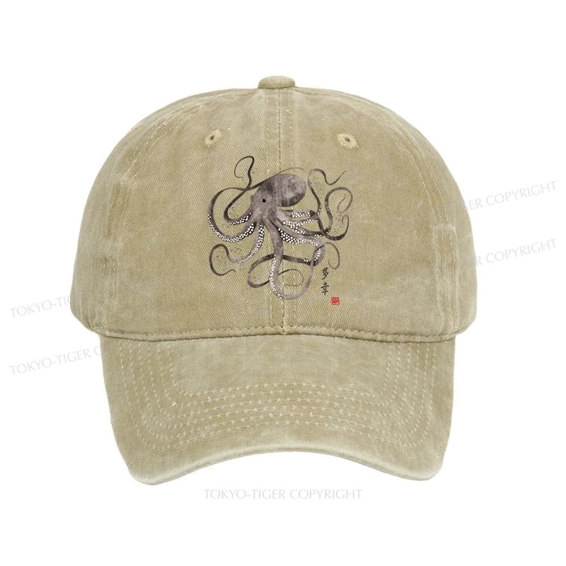 Tokyo-Tiger Octopus Japanese Calligraphy Washed Cap