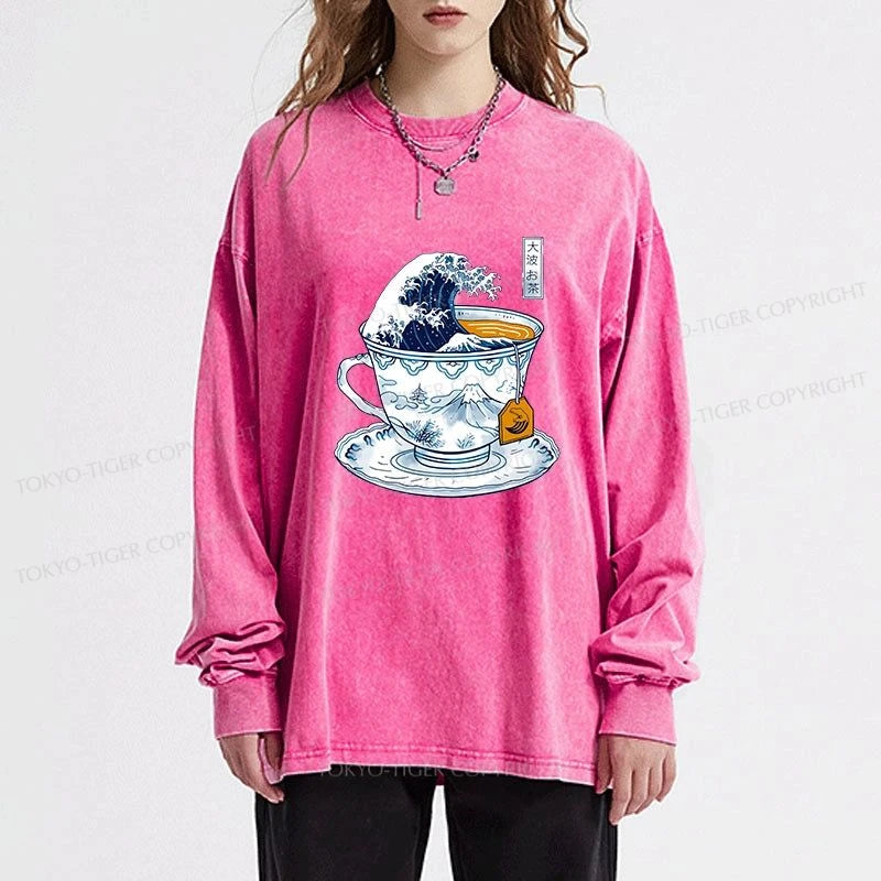 Tokyo-Tiger The Great Kanagawa Tea Wave Washed Long Sleeve T-Shirt